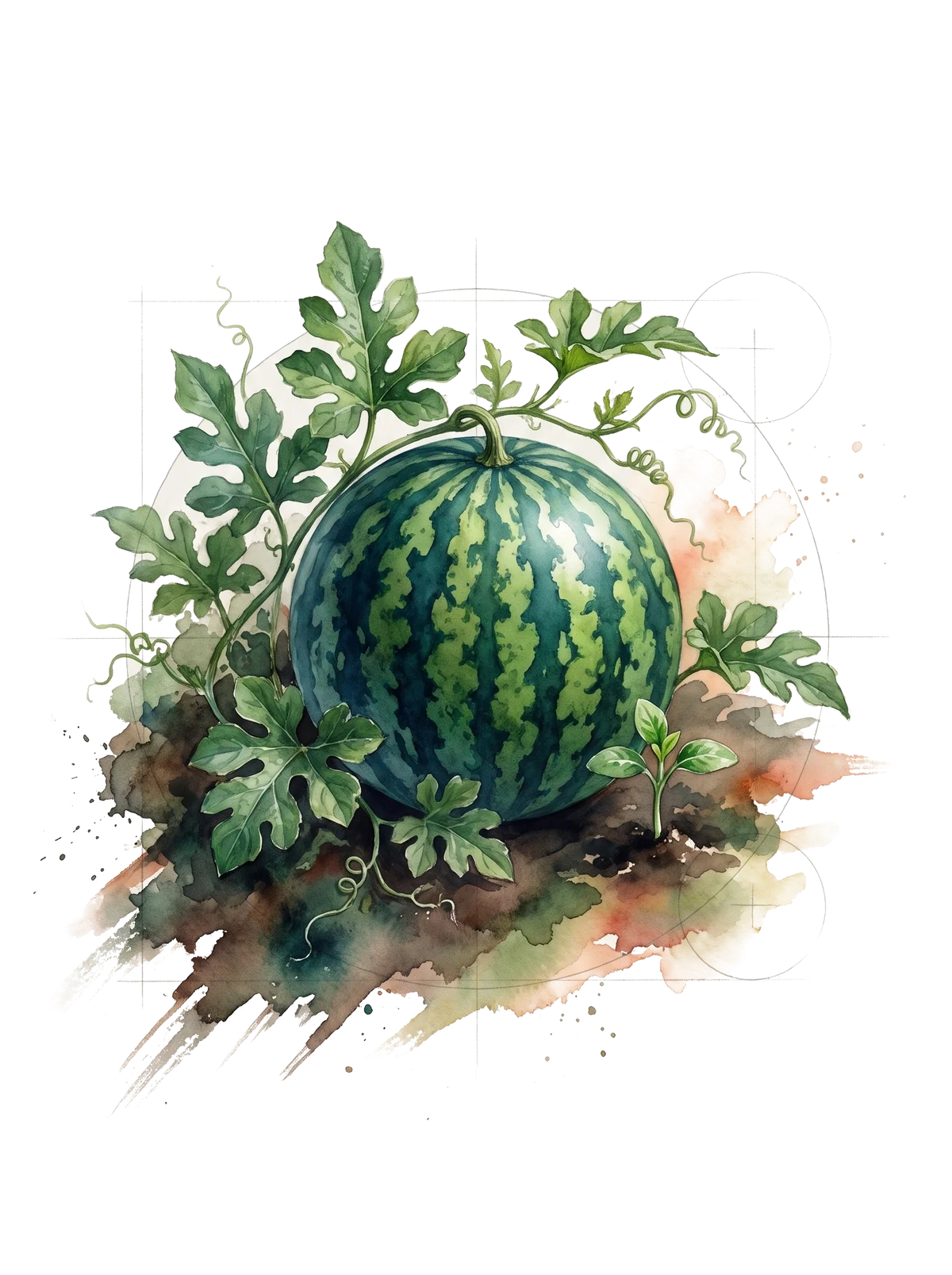 A painted watermelon on the vine with a seedling